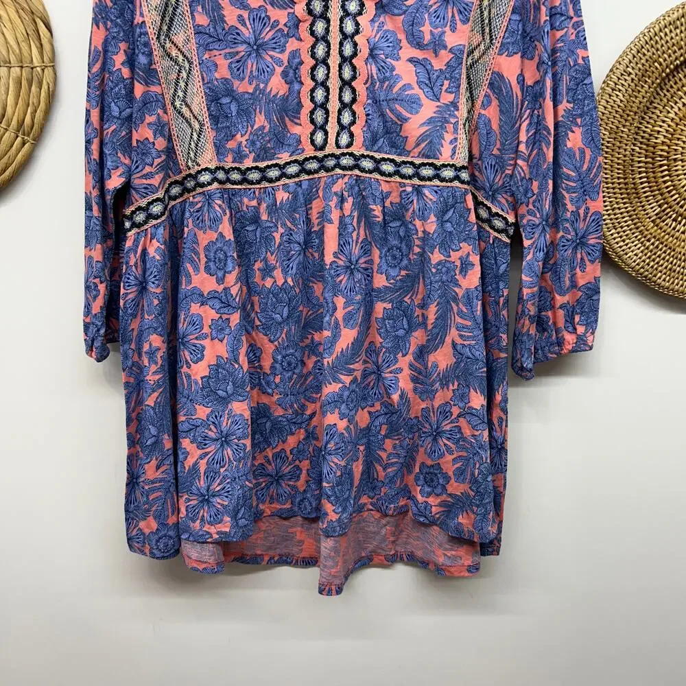 NEW J Jill Floral Embroidered Tunic Top Large Pink Blue Flower 3/4 Length Sleeve - Picture 5 of 7